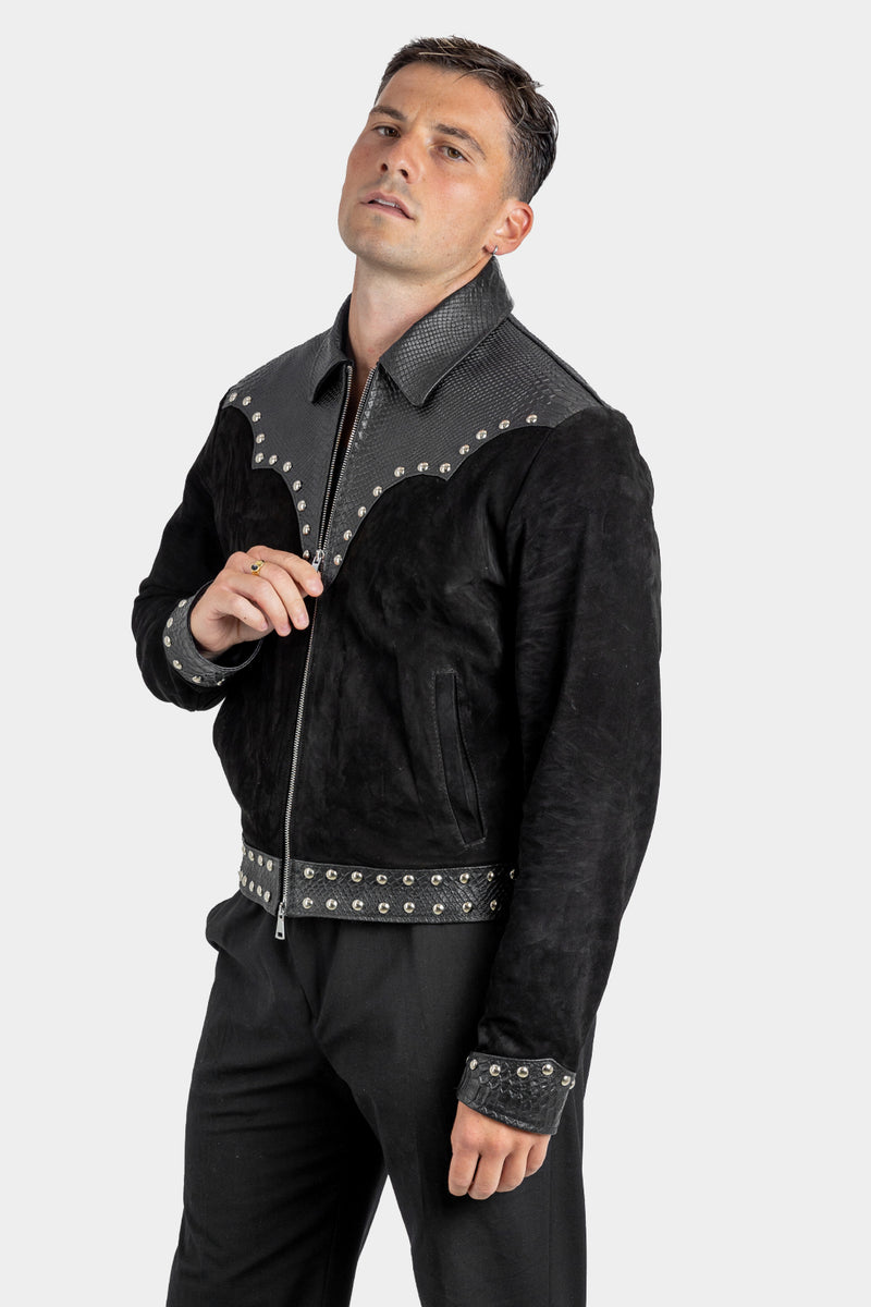Snake Effect Suede Studded Leather Jacket – POCHLY