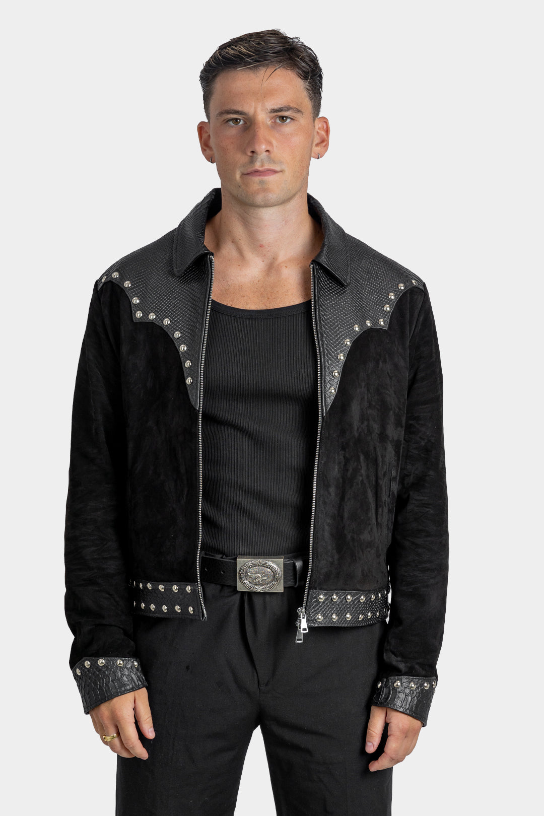 Snake Effect Suede Studded Leather Jacket – POCHLY